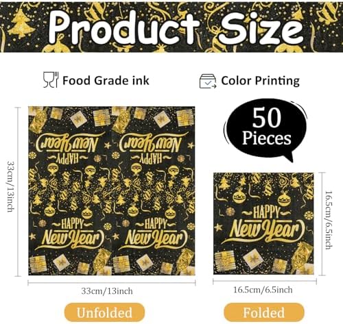 50Pcs New Year Napkins,Happy New Black Gold Foil Firework Disposable Guest Hand Towel Year Napkins Eve Party Supplies for 2026 Party Decorations