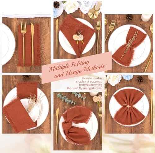 30 Pack Terracotta Cloth Napkins Cotton Linen Napkins with Fringe 16 x 16 Inch Soft Handmade Napkins Cloths Delicate Washable Rustic Dinner Napkin Cloths for Wedding Party Dinner Table Decor