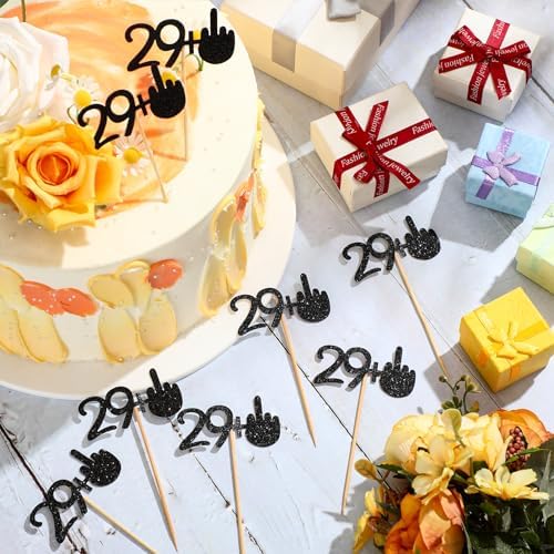 Gersoniel 24 Pieces 29 + 1 Cupcake Toppers Funny 30th Birthday Cupcake Picks Glitter Black Middle Finger Cake Toppers 30th Cupcake Decoration for Happy 30th Birthday Party Anniversary Decorations