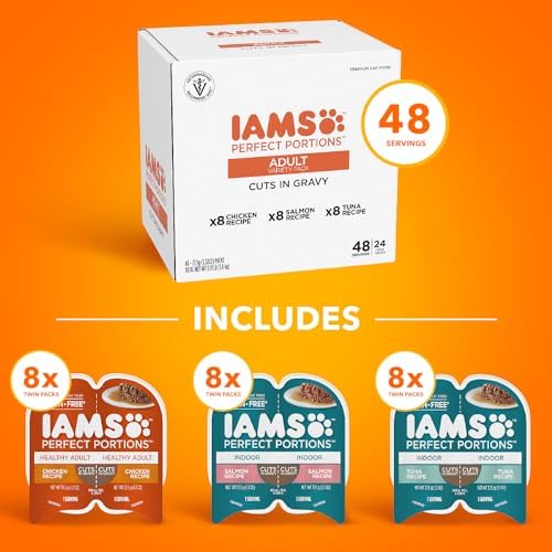 IAMS Perfect Portions Grain Free Wet Cat Food, Healthy Adult Cat Food Pate, Chicken, Tuna, and Salmon Recipes, (24) 2.6 oz. Variety Twin-Pack Trays