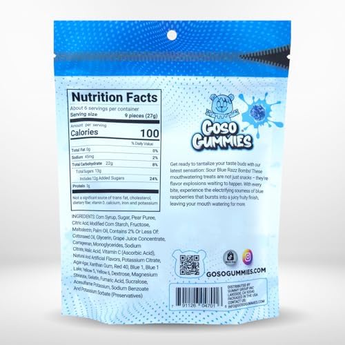 Goso Gummies Sour Blue Razz Gusher Bombs – 6oz Bag – Sour Blue Raspberry Filled Candy