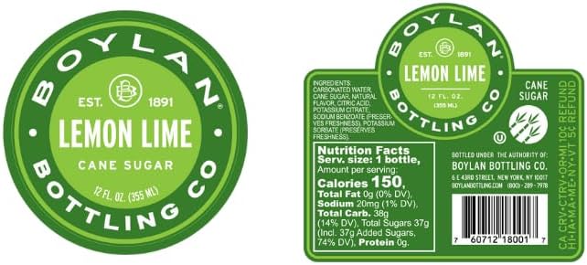 Boylan Bottling Craft Cane Sugar Soda - Lemon Lime 12oz Glass Bottle (12 Pack, Lemon Lime)