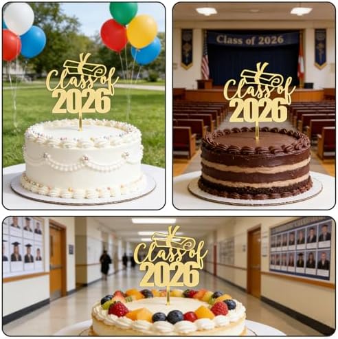 Mirror Acrylic Class of 2026 Cake Topper, Congrats Grad Cake Toppers - Gold Glitter Graduation Party Decorations