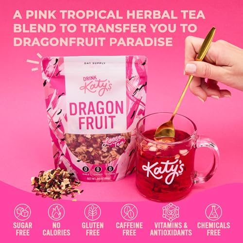 Katy’s Dragonfruit Loose Leaf Tea - Hibiscus, Dragonfruit & Pineapple - Loose Leaf Fruit Tea, Caffeine-Free, Sugar Free - Hot or Cold Brew - 30+ Cups - Woman-Owned - 3oz Pouch