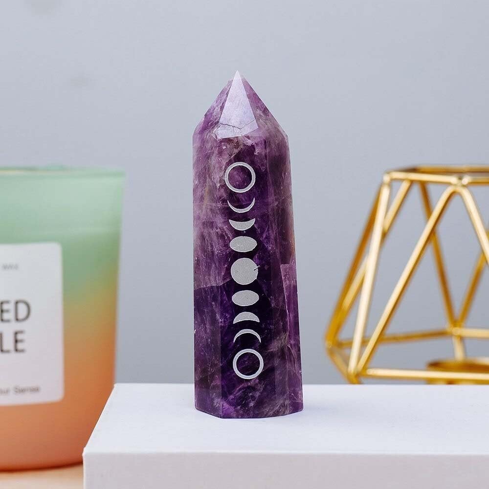 7-8cm Amethyst Point Tower Phase of The Moon Symbol Crystal Wand Rose Quartz Eclipse Column Home Dec Ornaments (Color : Amethyst)