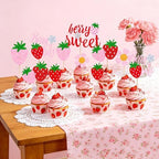 12Pcs Strawberry Baby Shower Glitter Cupcake Toppers Berry Sweet Baby Shower DecorationsStrawberry Fruit Cake & Dessert Topper Set For Baby Shower
