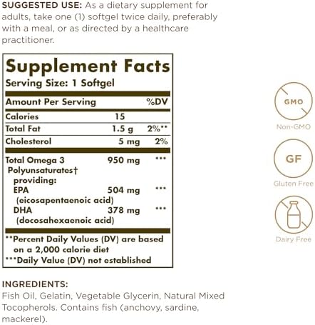 Solgar Triple Strength Omega 3 950 mg - 100 Softgels, Pack of 2 - Supports Joint & Skin Health - Non-GMO, Gluten Free, Dairy Free - 200 Total Servings
