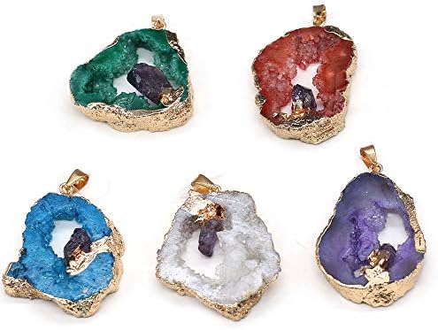 LE SKY Natural Stone Pendants Irregular Geode Crystal Agate Pendants with Middle Crystal Healing Agate Charms for Jewelry Making 2 Pcs