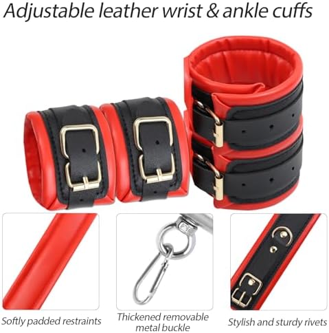 BDSM Bondage Restraints with Handcuffs Ankle Cuffs for Couples Spreader Bar Sex Toys Bondage Gear & Accessories Adjustable Bondage Kit Adult Sex Toys & Games (Red)