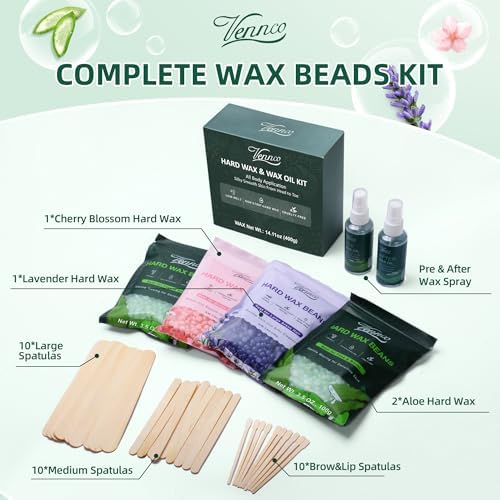 Vennco Hard Wax Beads Kit for Hair Removal, 36 Pieces Wax Beads for Full Body, Face, and Brazilian Bikini, Aloe, Lavender, Cherry Blossom - Includes Pre and Post Wax Oils