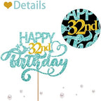 Sky Blue Glitter Happy 32nd Birthday Cake Topper, Thirty Two Years Old Birthday Party Cake Decor, Gold Number 32 Birthday Party Supplies Decorations for Men or Women