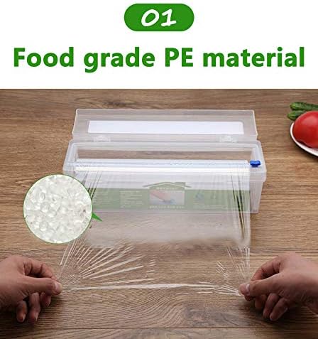 Household Reusable Refillable Plastic Wrap Dispenser with Slide Cutter, Food Wrap Stretch Clear Cling Wrap 12 Inch×328 Ft (1Cutting Box + 1 Cling Film)