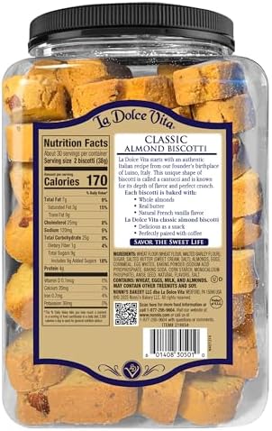 La Dolce Vita Classic Almond Italian Biscotti Cookie Snacks with Whole Almonds, 40 oz. Jar, 30 Servings (Pack of 1)