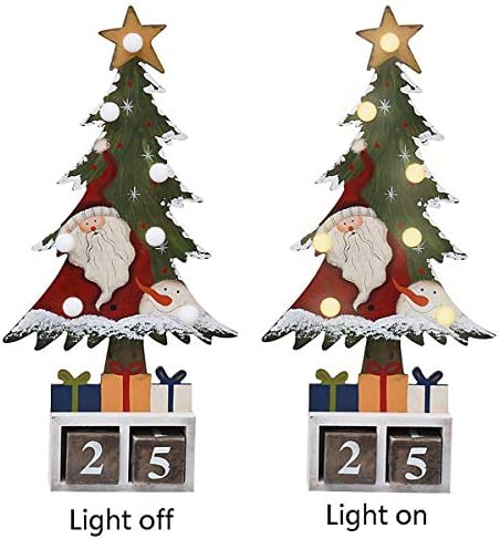 E-view Christmas Advent Calendar Wooden Xmas Tree Tabletop Decor with Lights, Rustic Countdown with Number Blocks Wood Santa Snowman Decoration Indoor Holidays Ornament (Santa)