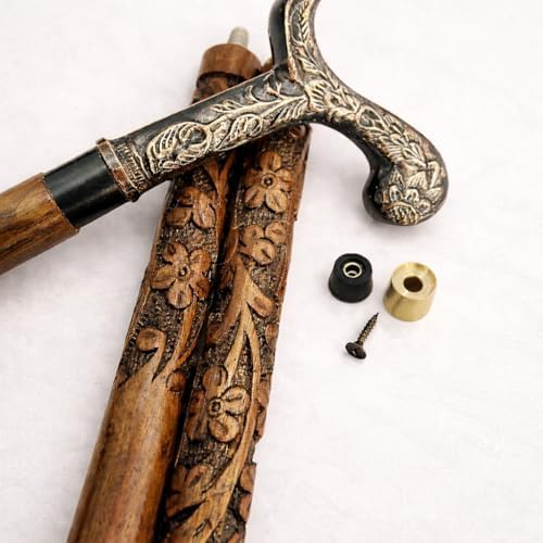 Wooden Carved Walking Stick - 36" Premium Handmade T-Shape Walking Stick with Spiral Wooden Shaft - Antique Finish Rosewood Stylish Handle Derby Head Walking Cane for Men, Women & Elderly