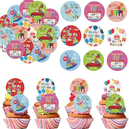 36PCS Edible Happy Birthday Cupcake Toppers Wafer Paper Anniversary Cupcake Toppers Edible Make a Wish Cupcake Picks for Kids Birthday Theme Party Decoration Supplies