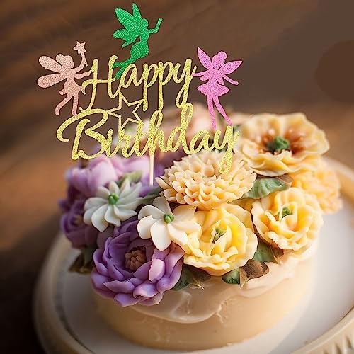 Fairy Cake Topper, Girl Birthday Party Decoration Topper, Fairy Happy Birthday Decoration - Gold Glitter