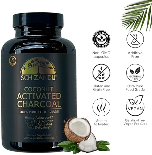Schizandu Activated Coconut Charcoal Capsules – Vegan, Organic, Non-GMO, No Additives – 210 Count, X-Large Bottle
