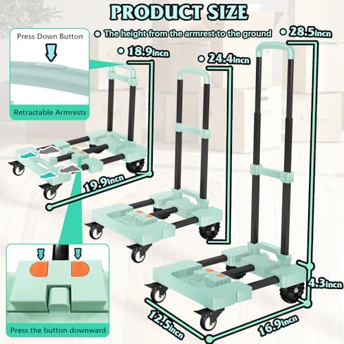 Heavy-Duty 500LB Capacity Hand Truck with One-Touch Retractable Handle & Extendable Plate, Portable Collapsible Dolly Cart with 4 Wheels w/Brakes Folding Luggage Cart for Travel/Home Use, Green