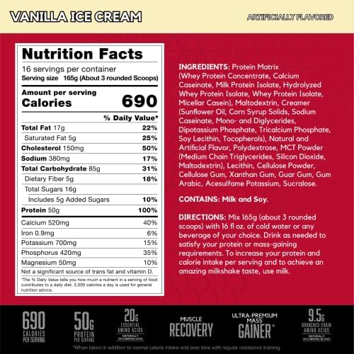 BSN TRUE-MASS Weight Gainer, Mass Gainer Protein Powder, Post Workout Muscle Recovery Powder, Muscle Gainer, 2:1 Carbs to Protein Ratio, Vanilla Ice Cream, 5.82 Pound, 16 Servings