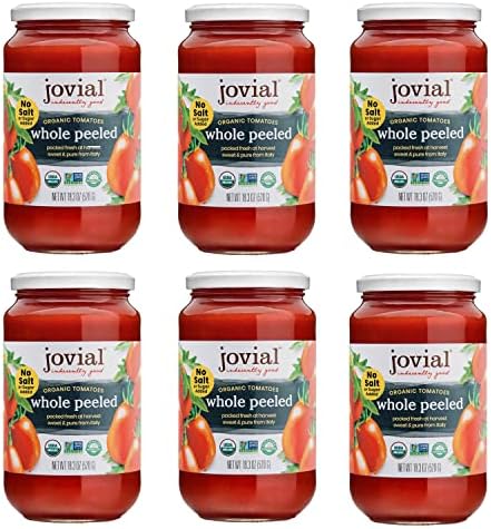 Jovial Whole Peeled Tomatoes - Organic Tomatoes, Non-Gmo, Usda Certified Organic, No Additives, Bpa-Free, No Added Sugar, No Salt Added, Recyclable Glass, Made In Italy - 18.3 Oz, 6 Pack