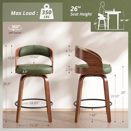Swivel Bar Stools Set of 2,26" Faux Leather Upholstered Counter Height Barstools with Back,Mid-Century Modern Bar Chairs with Bentwood Legs and Footrest for Kitchen Island Bar Counter Green