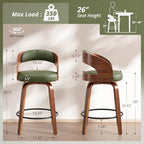 Swivel Bar Stools Set of 2,26" Faux Leather Upholstered Counter Height Barstools with Back,Mid-Century Modern Bar Chairs with Bentwood Legs and Footrest for Kitchen Island Bar Counter Green
