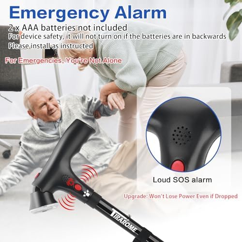 Walking Cane for Men, 3-in-1 Folding Cane with Alarm and Light, Adjustable, Collapsible Walking Stick for Adults Seniors Balance with a Second Handle, Tailored for 5'5" to 6'2"