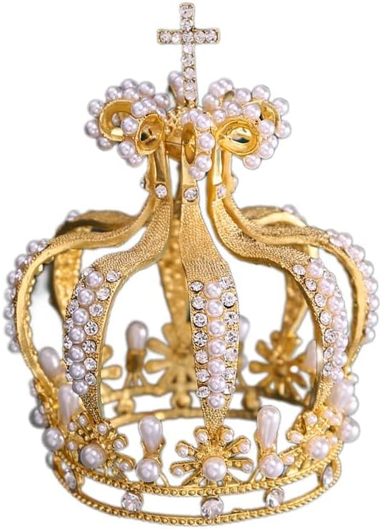 Crown Princess Cake Topper Wedding Birthday Crystal Pearl Tiara Cake Decor For Wedding Birthday Baby Shower Cake Photo Party Supplies (Gold)