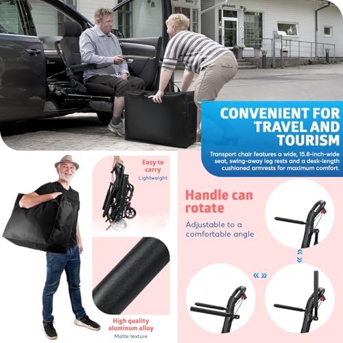 Wheelchairs for Adults Transport Chair,Aluminum Alloy Ultra-Thin Transport Chair for Adults, Foldable Wheelchair with Flip-up Armrest,Portable Transportation Travel Wheelchair, Bearing 286lb