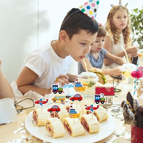 Transportation Cupcake Toppers Transport Themed Cupcake Decoration Supplies for Traffic Vehicles Airplane Ship Train Car Bus Cupcake for Baby Shower Birthday Party Cake Decoration 30 PCS