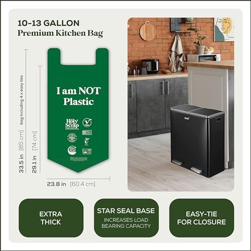 Large Compostable Trash Bags - 10-13 Gallon, 50 Pack, 100% Plastic-Free Decomposing Easy-Tie Trash Can Bags & Liners, Thick Kitchen, Bathroom & Backyard Bin Bags for Food & Green Waste