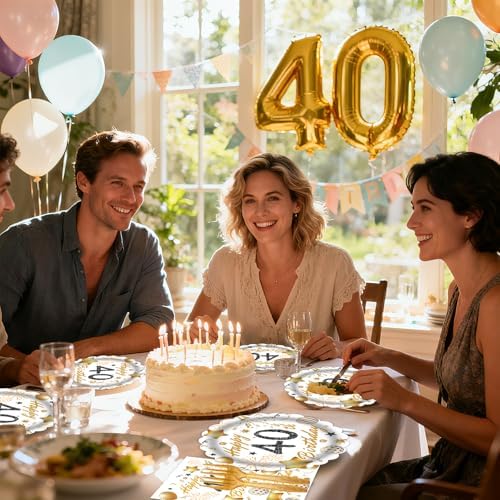 60 Pcs 40th Birthday Decorations White gold Paper Plates and Napkins Forks Party Tableware for Men Women Birthday Party Decorations,Serve 20