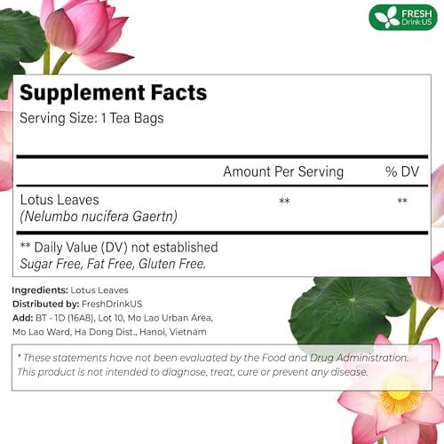 FreshDrinkUS, Premium 30 Lotus Leaf Tea Bags, 100% Natural & Pure from Lotus Leaves. Loose Leaf Lotus Herbal Tea. Made with Eco-Conscious Tea Bags. No Sugar, No Caffeine, No Gluten, Vegan.