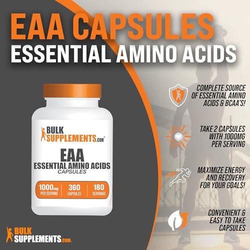 BulkSupplements.com Essential Amino Acids Capsules - EAAs Amino Acids Supplements - Gluten Free, 2 Capsules per Servings (1000mg), 360 Count (Pack of 1)