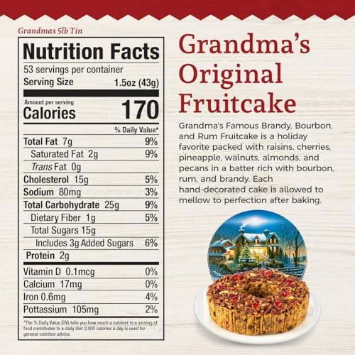 Beatrice Bakery Co. Original Fruitcake in Holiday Tin, Grandma's Old Fashioned Fruit and Nut Freshly Made, Brandy, Bourbon and Rum Fruitcake, Est. 1917 (80 oz Tin)