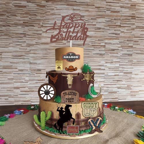 16 Pcs Cowboy Cake Toppers Glitter Cowboy Hat Cake Decorations Western Theme Happy Birthday Party Decoration for Boys Girls , Cowboy Birthday Sign Birthday Decor Party Decor Party Supplies