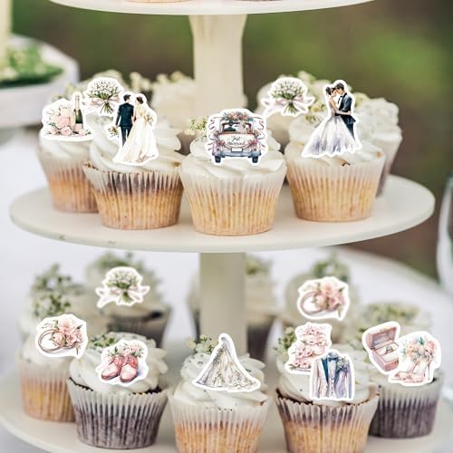 45PCS Edible Wedding Cupcake Toppers Wafer Paper Groom and Bride Cupcake Decoration Diamond Ring Cupcake Picks for Bridal Shower Bachelorette Wedding Party Supplies