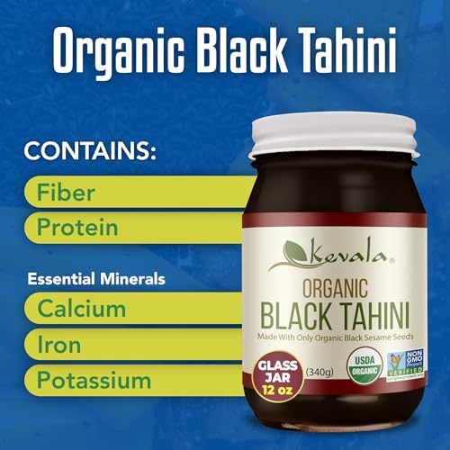 Kevala Organic Black Tahini - Gluten Free Black Sesame Paste for Bread, Kitchen Pantry Staple Processed in a Peanut Free Facility, Great to Mix with a Miso Paste or Spread on a Bagel, 12 oz, 340g