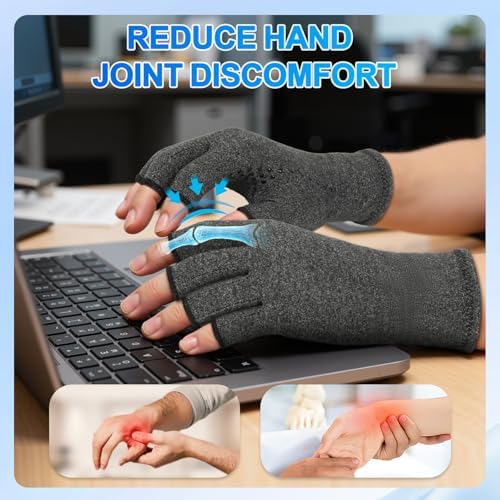 DRNAIETY 2 Pairs Arthritis Compression Gloves- for Hand Arthritis, Carpal Tunnel Pain, Rheumatoid Arthritis, RSI, Fingerless, Anti-Slip, Breathable Gloves for Men & Women, Typing, Daily Use(S, Gray)