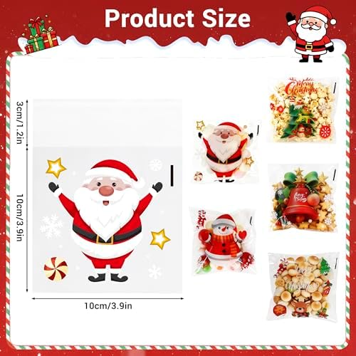 Ankyery 200 PCS Christmas Cellophane Treat Bags, 5 Designs Self Sealing Christmas Candy Bags, Santa Goodie Snack Cookie Gifts Ziplock Bags for Holiday Xmas Party Favors Supplies