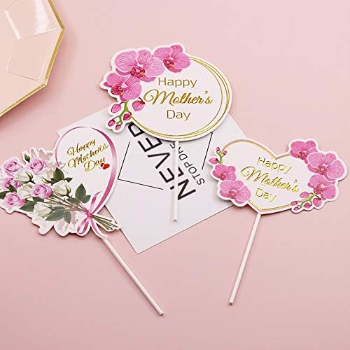Happy Mother's Day Cake Toppers 24Pcs Flower Cupcake Topper for Mother's Day Birthday Party Cake Decoration