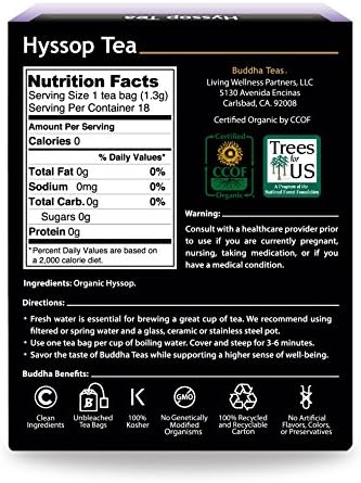 Buddha Teas Organic Hyssop Tea - OU Kosher, USDA Organic, CCOF, 18 Bleach-Free Tea Bags