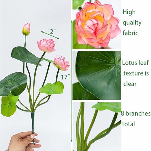 2pcs Artificial Lotus Flowers with Leaves 17" Mini Pink Fake Water Lily Bouquets for Vase Bouquet Home Office Wedding Decor.(Pink,2pcs)
