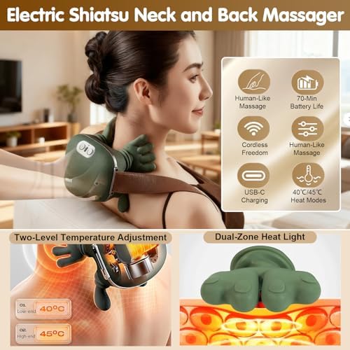 Siasoo Neck Massager With Heat-Wireless Portable Shiatsu Neck and Shoulder Deep Tissue 4D Kneading Back Massage With Fingers,Simulated Human Hand Design Muscle Relax Massager Mothers Day Gifts For Mom