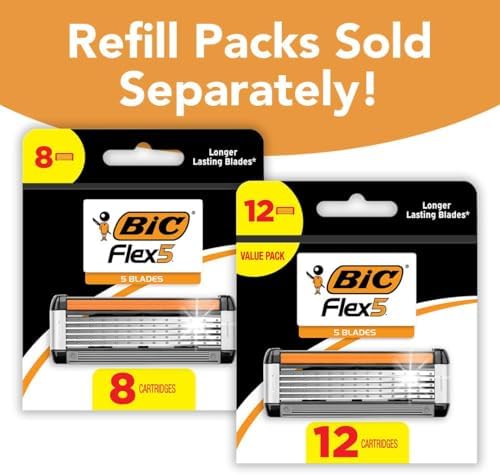BIC Flex 5 Refillable Razors for Men, Long-Lasting 5 Blade Razors for a Smooth and Comfortable Shave, 1 Handle and 12 Cartridges, 13 Piece Shaving Kit