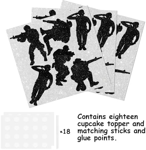 18pcs Black Glitter Silhouette Dessert Cupcake Topper for Military Soldier Theme Decor Supplies Baby Shower Boy Girl Happy Birthday Party Decorations