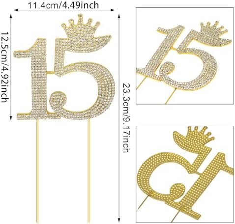 Honbay 15 Birthday Cake Topper Sparkling Bling Alloy Crystal Rhinestones Cake Topper Princess Crown Cake Decoration for Sweet 15th Birthday or Anniversary Party (Gold)