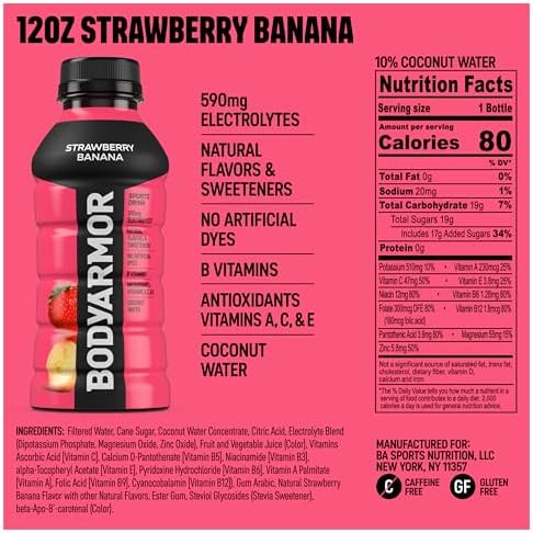 BODYARMOR Sports Drink, Strawberry Banana, Electrolyte Drink Hydration, 12 Fl Oz Bottles (8 Pack), Flavored Coconut Water with B Vitamins & Antioxidants