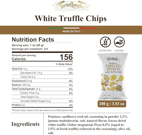 TartufLanghe White Truffle Chips – Gourmet Italian Potato Snack, Gluten-Free, Vegan, Nut-Free White Truffle Potato Chips for Unique Appetizers, Tapas, Dips, & Charcuterie - 3.53 oz (Pack of 1)
